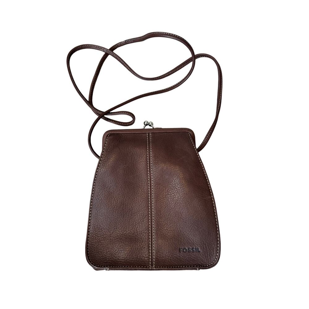 Vintage Fossil Brown Leather Kisslock Frame Pouch Crossbody Bag
